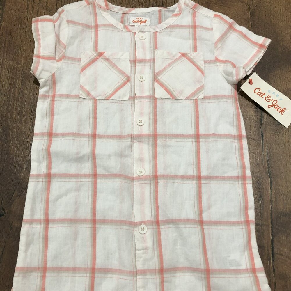 Cat & Jack Baby Boy white linen with stripes Romper 18 months